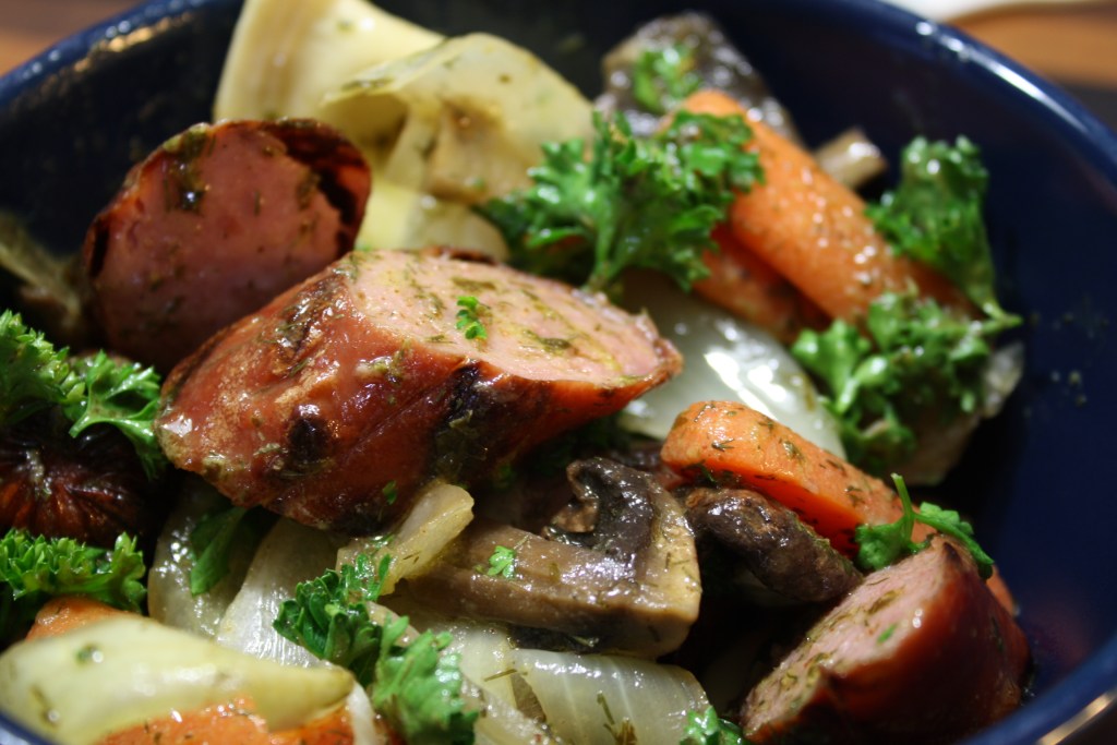 Grilled Perogies and Smoked Sausage with&nbsp;Onions